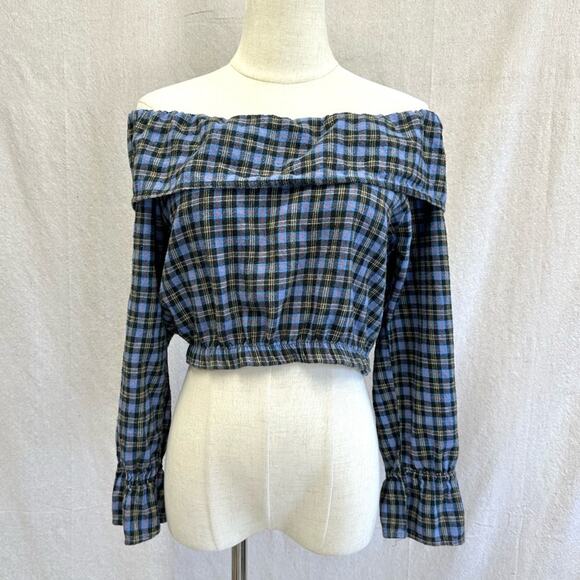 Stefano vintage 90s flannel plaid off the shoulder cropped peasant top medium - Picture 1 of 14